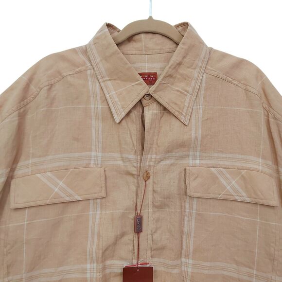 Prestige Shirt Mens XXL Light Brown Short Sleeve Checks 100% Linen Work Casual - Picture 3 of 9